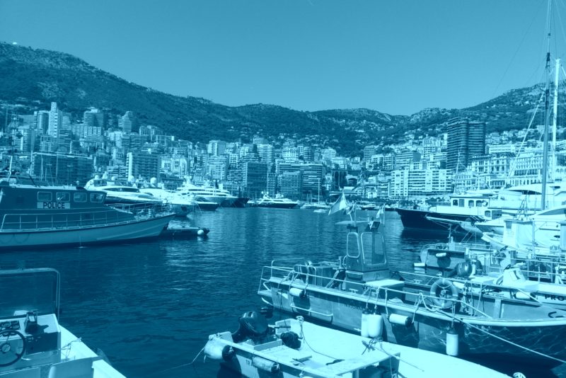 Monte Carlo Marina in summer, skyline and boats